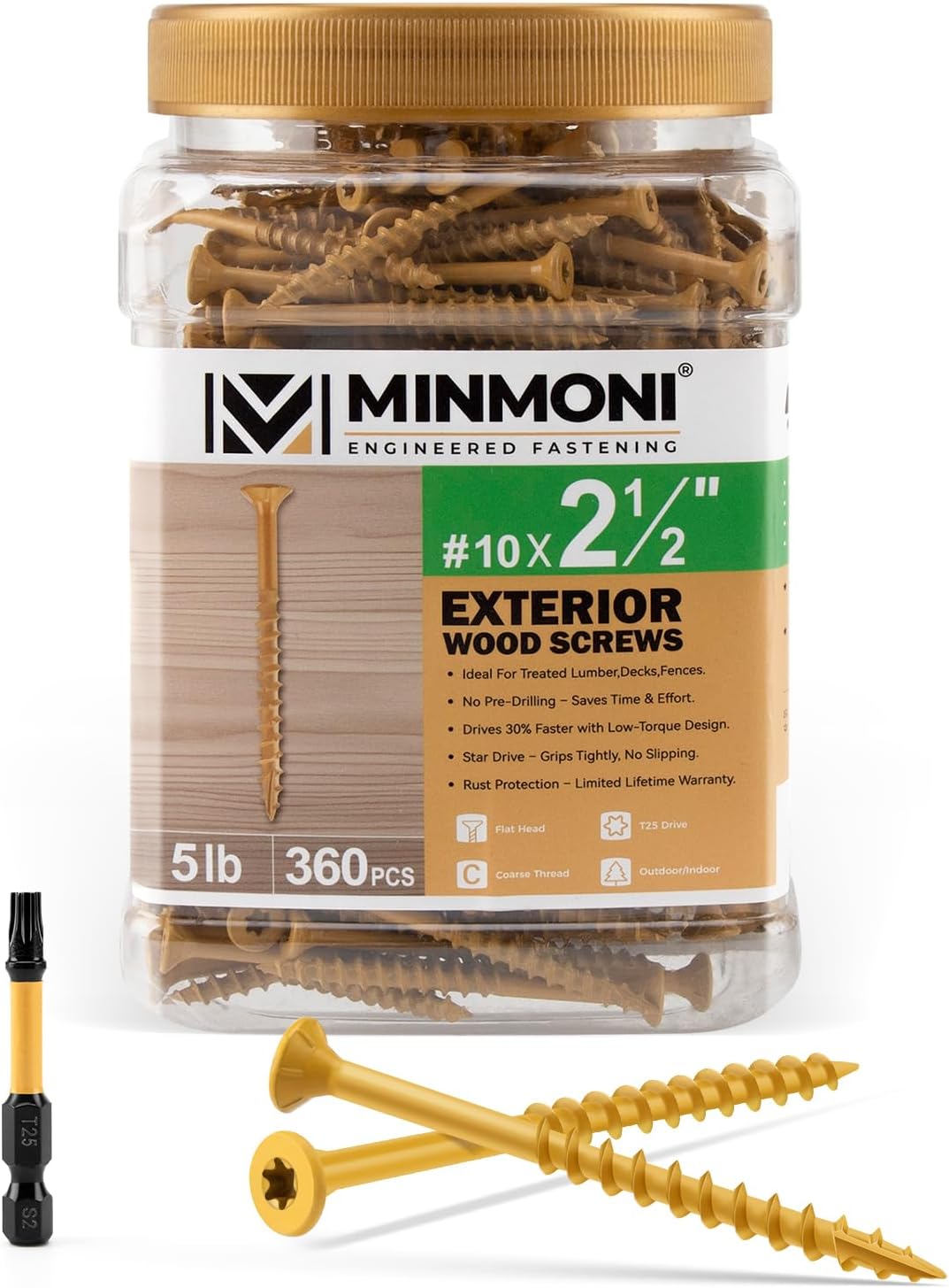 #10 x 3'' Wood Deck Screws 310pcs (5lb Box), Torx Flat-Head Exterior Screws, Multiple Size Available, Tan, T25 Star Bit Included