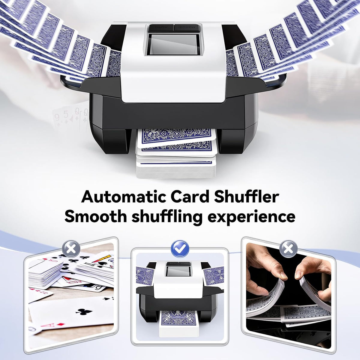 Automatic Card Shufflerfor 1-2 Decks with Dual Auto/Manual Modes, USB-C Rechargeable,Quiet Operation,Compatible with Texas Hold'emPoker All Card Types are Supported.