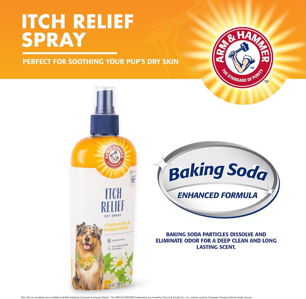 Arm & Hammer Dog Itch Relief Spray, Chamomile & Peppermint, 8 Fl Oz | No-rinse baking soda formula soothes itchy skin and hot spots, gentle enough for regular use