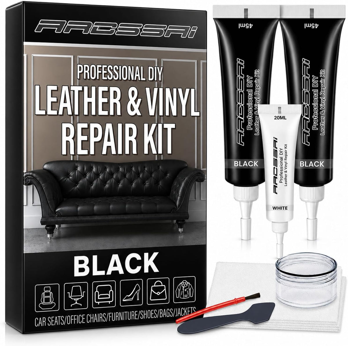 ARCSSAI Black Leather & Vinyl Repair Kit for Car Seats and Furniture