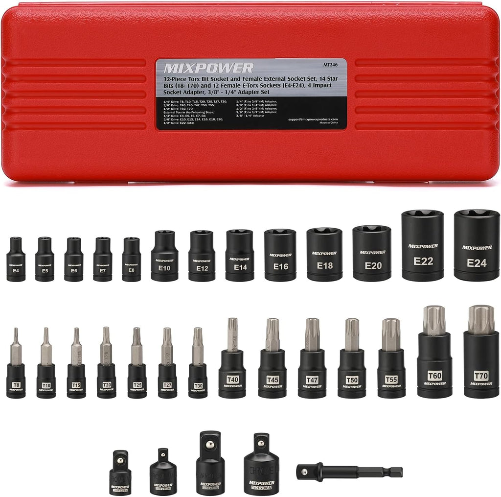 MIXPOWER 25 Piece Torx Bit and Socket Set, 13 Star Bits (T8- T60) & 12 E-Torx Sockets (E4-E22), Professional Grade Auto & Motorcycle Mechanic Set