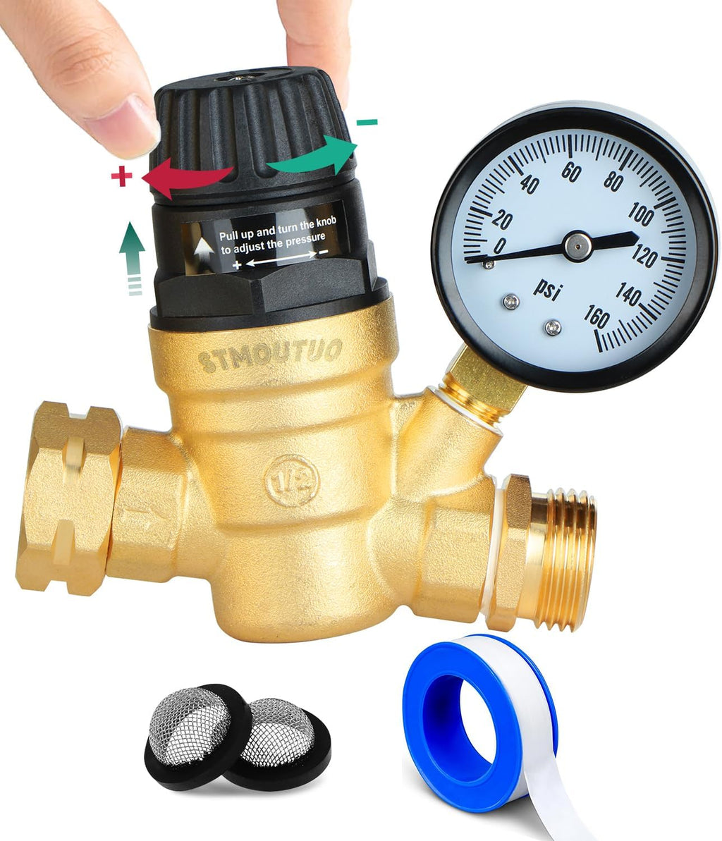 STMOUTUO RV Water Pressure Regulator Valve for Camper. Lead-Free Brass.