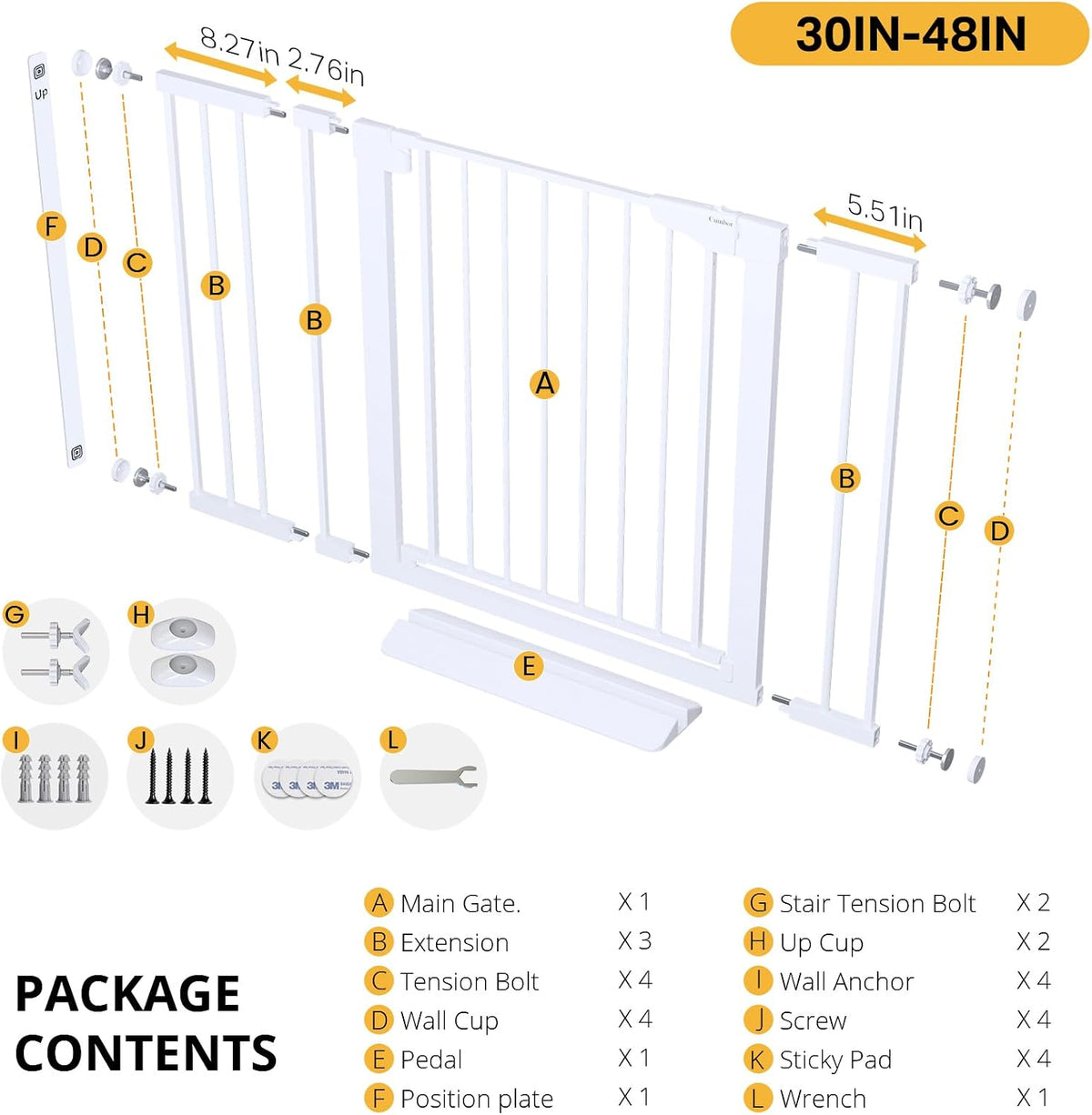 Cumbor 30-48 in Baby Gate for Stairs, Auto Close Dog Gate Indoor, White