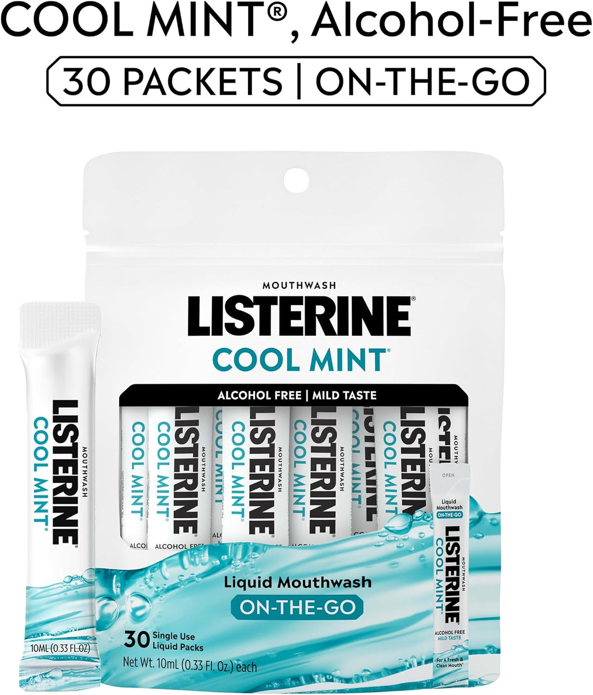 Listerine Alcohol Free Mouthwash Packets, Cool Mint, 0.33 fl. oz, 30 Pack