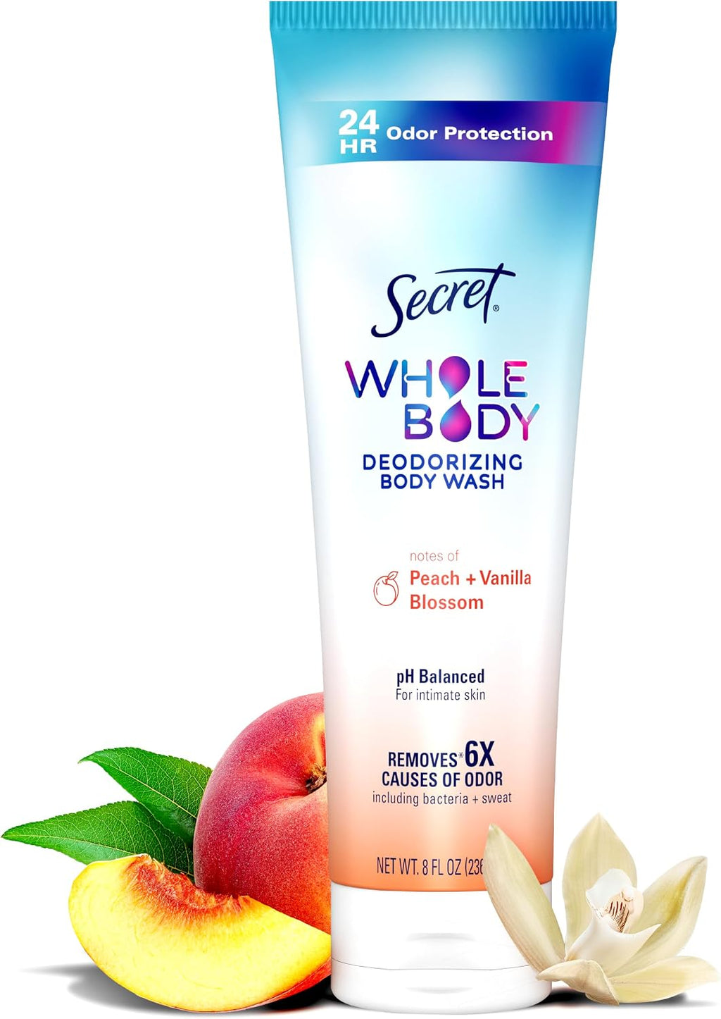 Secret Feminine Wash, 24 HR Deodorizing Feminine Body Wash for Women, Removes 6x Causes of Odor, PH Balanced, Safe to Use Everywhere, Peach & Vanilla Blossom Scent, 8.0 oz