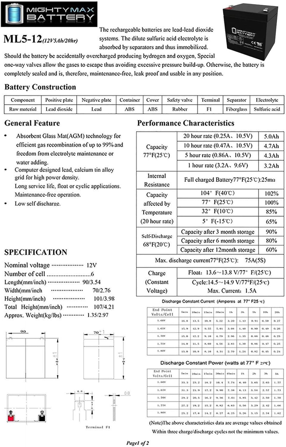 Mighty Max Battery 12V 5AH Battery Replaces Liftmaster 485LM Evercharge Back-Up