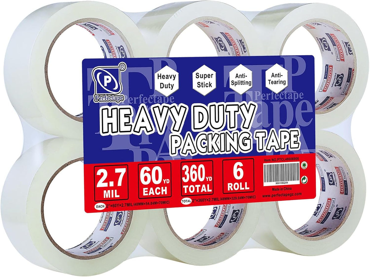 P PERFECTAPE Heavy Duty Packing Tape 6 Rolls, Clear, 2.7 mil, 1.88" x 60Y