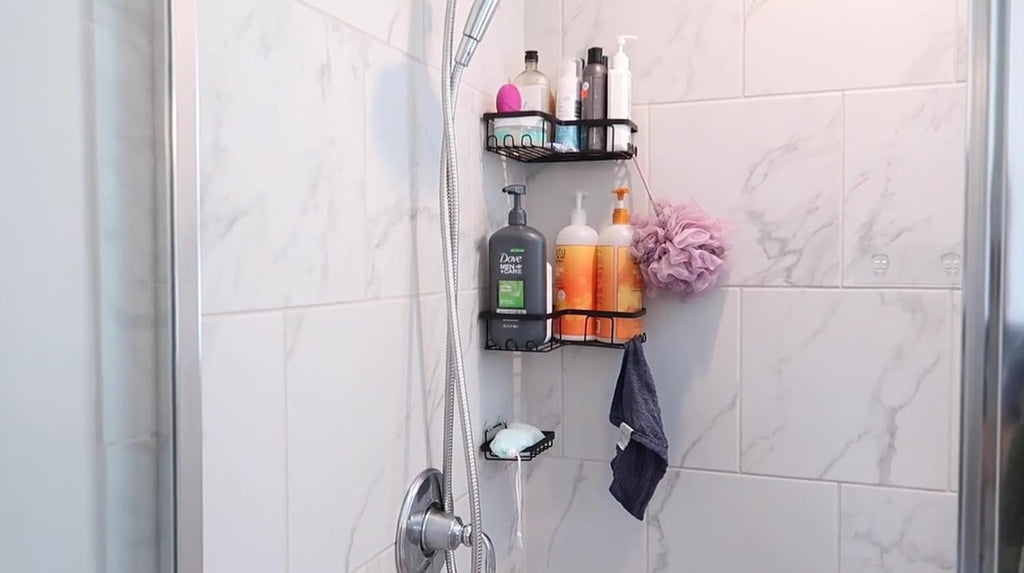 YASONIC Corner Adhesive Shower Caddy, with Soap Holder and 12 Hooks, Rustproof Stainless Steel Bathroom Organizer, No Drilling Wall Mounted Rack, Black, 3-Pack