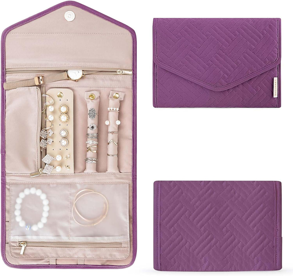 BAGSMART Travel Jewelry Organizer Case Foldable Jewelry Roll,Soft Pink