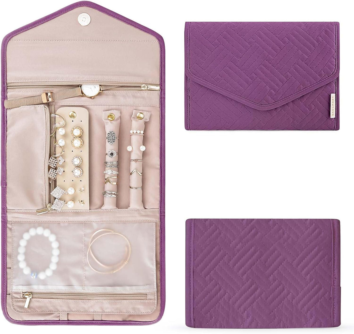 BAGSMART Travel Jewelry Organizer Case Foldable Jewelry Roll,Soft Pink