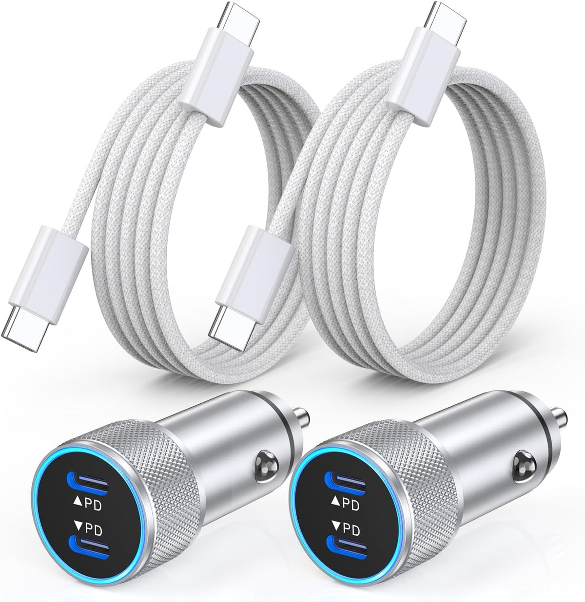 iPhone 17 Car Charger,2Pack Dual Port USB C Fast Car Charger Type C Rapid Charging Adapter with 2Pack USB C to C Nylon Braid Cable Woven Cord Fast Charging for iPhone 17/17 Pro/16/16 Pro Max/iPad