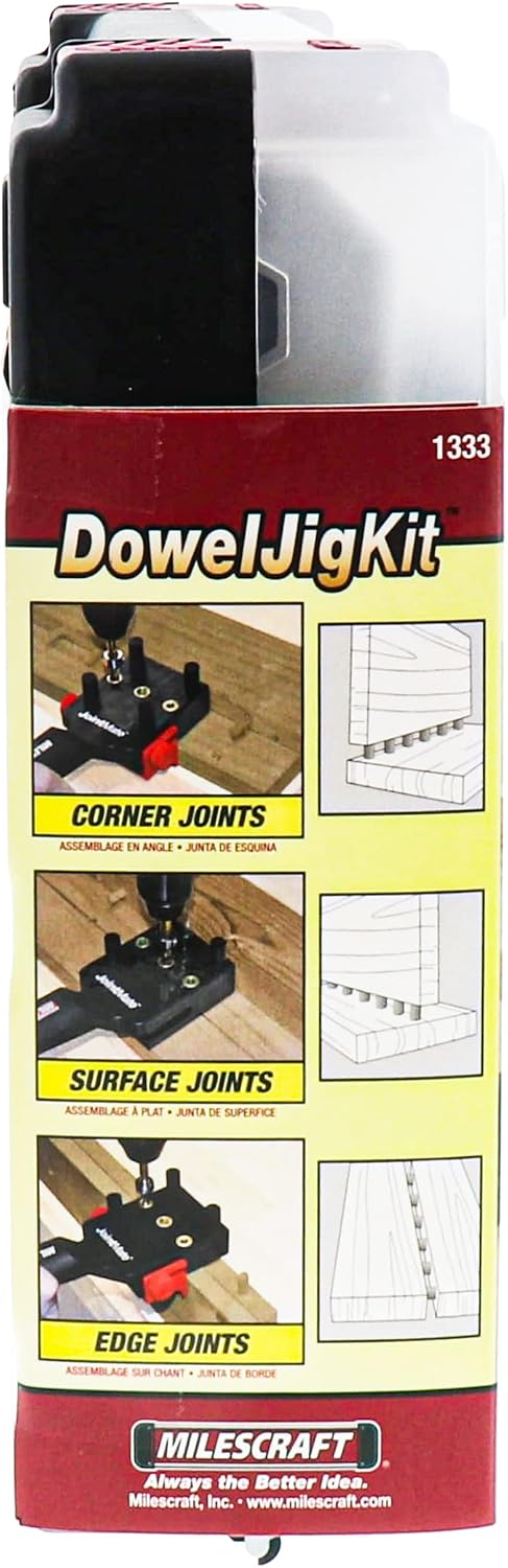 Milescraft 1333 DowelJig Kit - Self-Centering Handheld Dowel Jig with 3 Metal Bushing Sizes (1/4in, 5/16in, 3/8in) - Complete with all Accessories