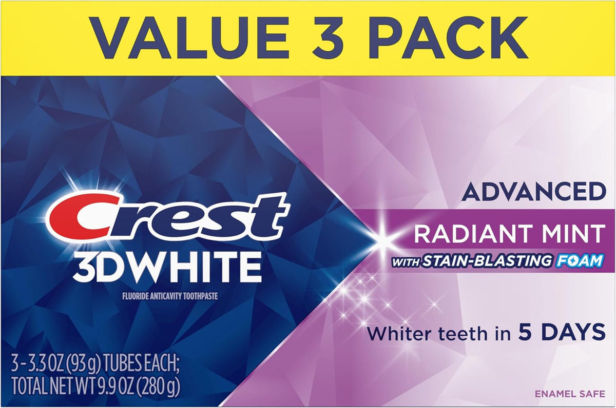 Crest 3D White Advanced Teeth Whitening Toothpaste, Crest 3D White Brilliance Toothpaste, Radiant Mint, 3.3 oz, Pack of 3 (Packaging May Vary)