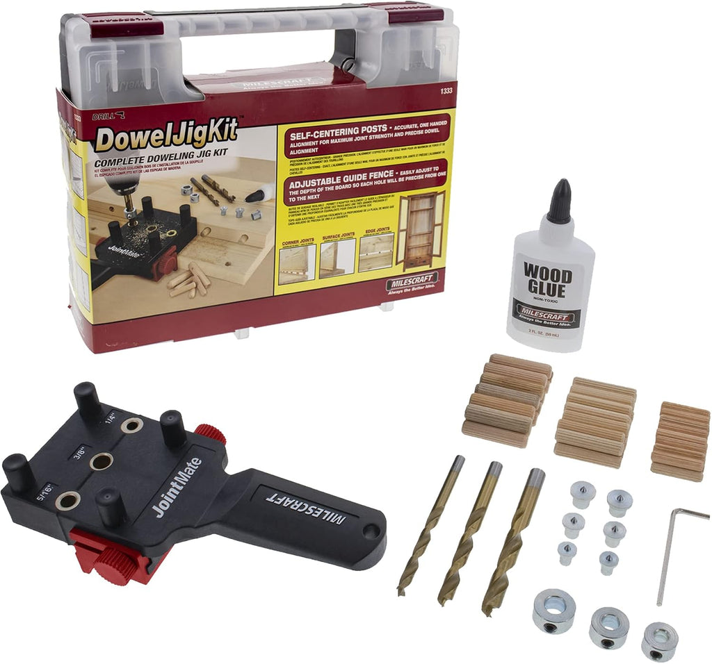 Milescraft 1333 DowelJig Kit - Self-Centering Handheld Dowel Jig with 3 Metal Bushing Sizes (1/4in, 5/16in, 3/8in) - Complete with all Accessories