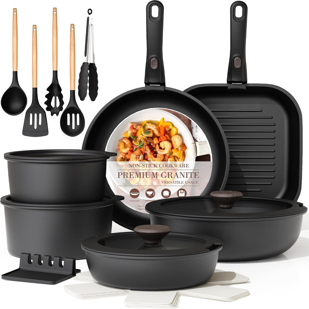 Astercook 23 Pcs Pots and Pans Set Non Stick, Ceramic Cookware Set Detachable Handle, RV Kitchen Cooking Set Removable Handles, Oven Safe, Induction Ready, Stackable, Black, Mothers Day Gifts