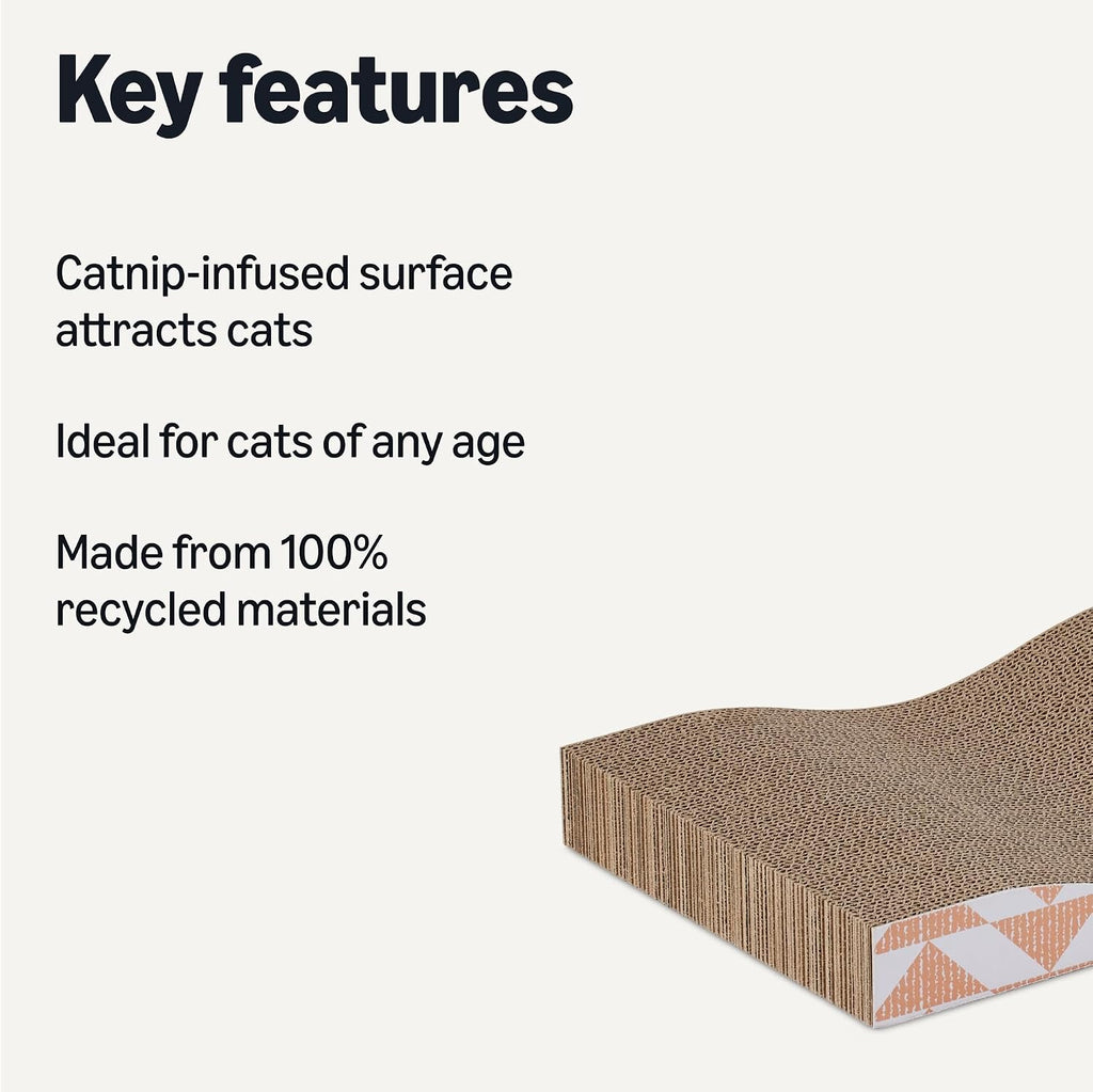 Amazon Basics Cat Scratching Post, Reversible Double-Sided Corrugated Cardboard with Catnip, Curved Wave Design, 16.5 x 8.1 x 1.6 in, 2-Pack