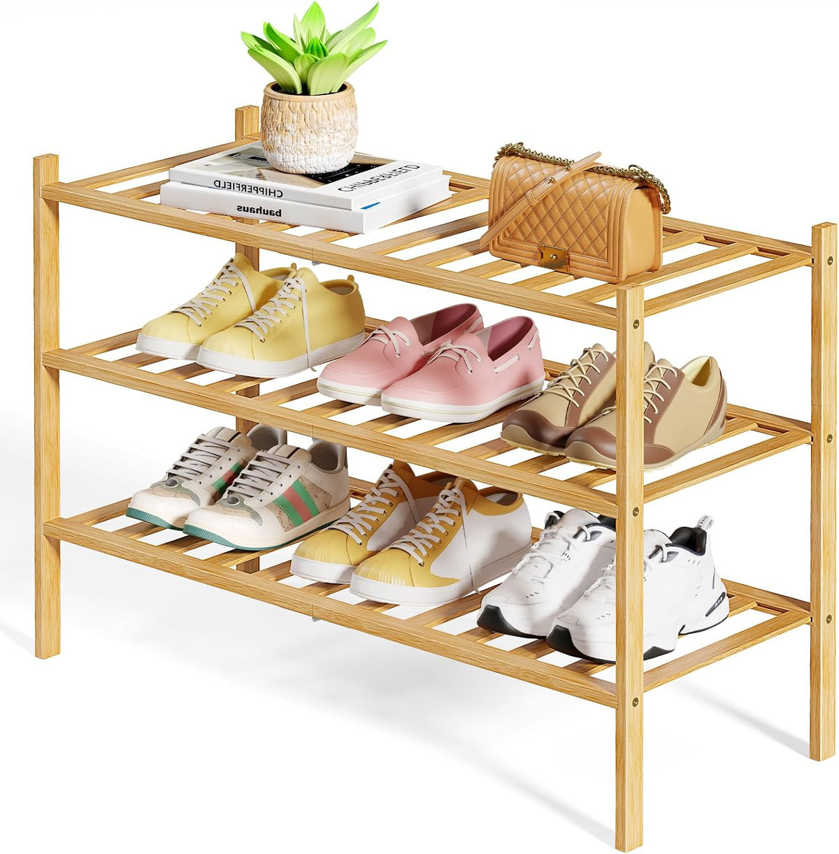 Kitsure Bamboo Wooden Shoe Rack for Closet, 26.8" Wide - 3 Tiers, Natural