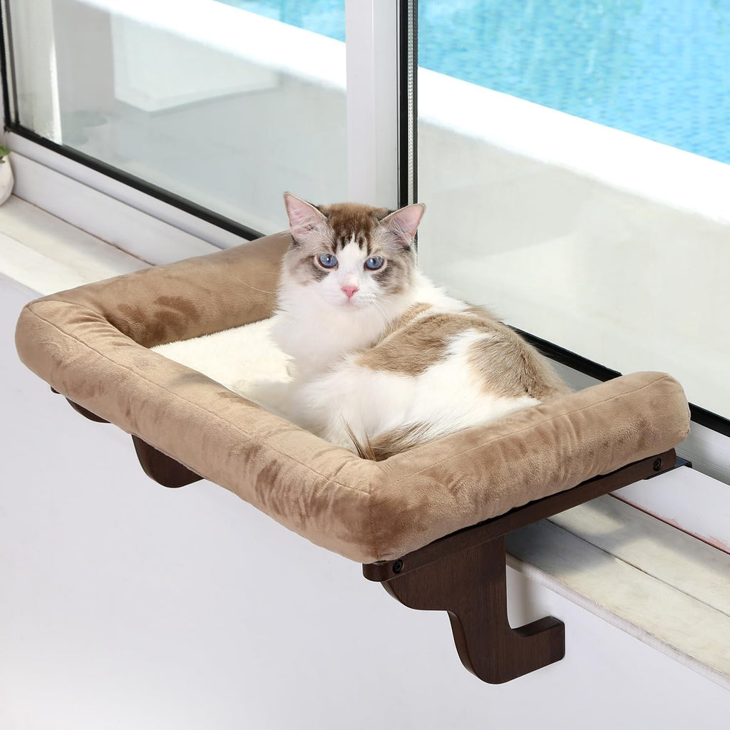 Zakkart Cat Perch for Windowsill with Bolsters (Natural Wood/Gray, L)