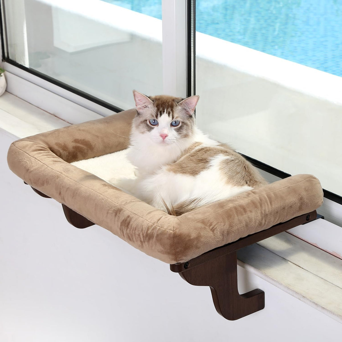 Zakkart Cat Perch for Windowsill with Bolsters (Natural Wood/Gray, L)