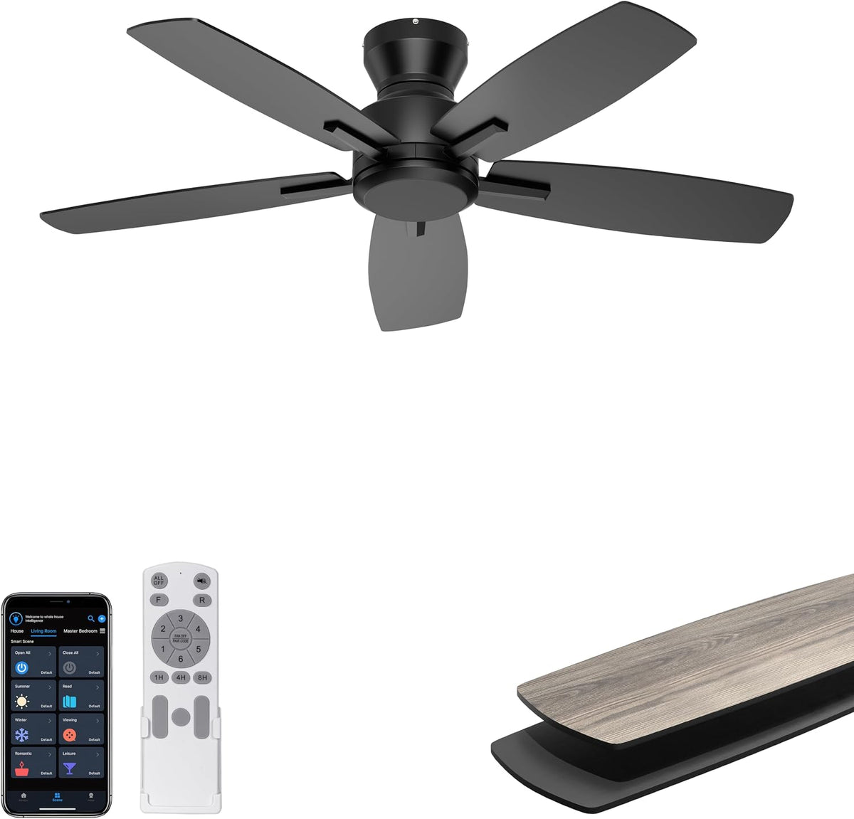 Ohniyou 52'' Low Profile Ceiling Fan with Lights, Remote/APP Control, Black
