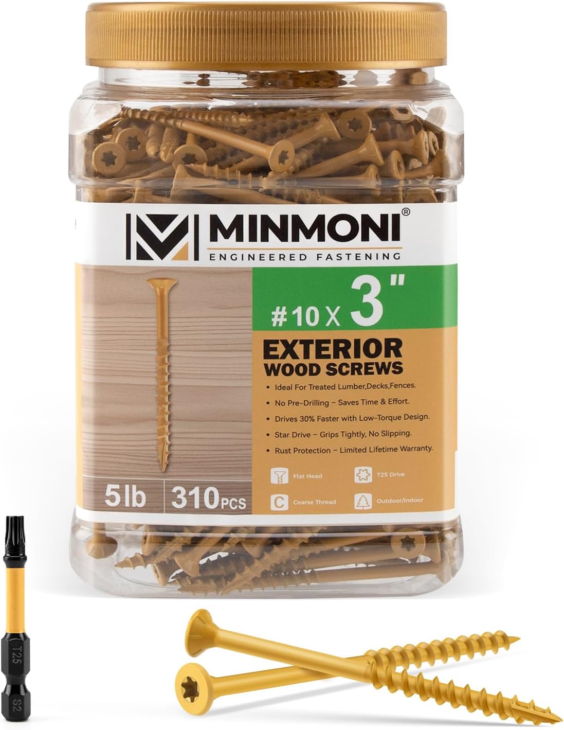 #10 x 3'' Wood Deck Screws 310pcs (5lb Box), Torx Flat-Head Exterior Screws, Multiple Size Available, Tan, T25 Star Bit Included