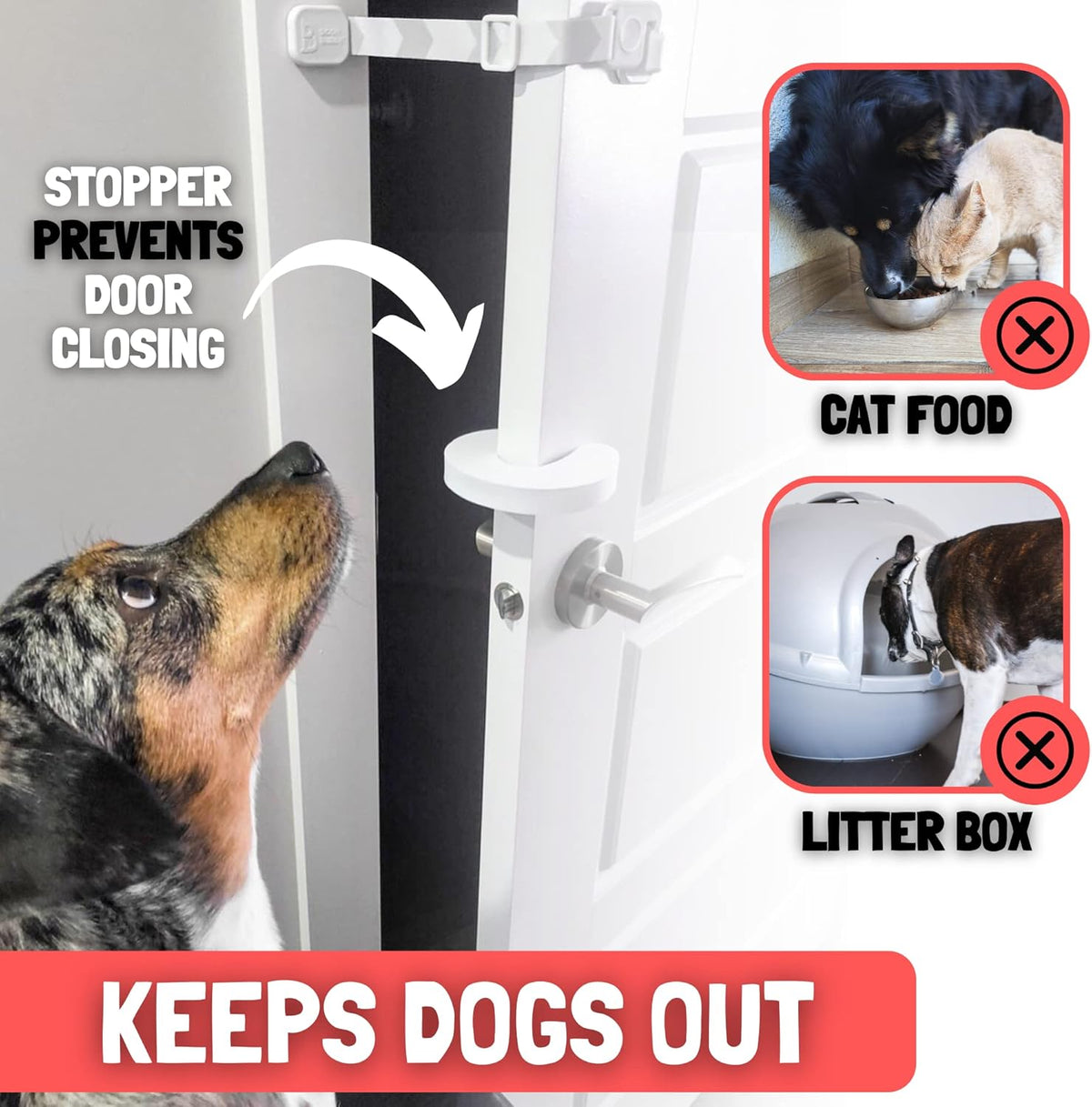 Door Buddy Cat Door Latch & Stopper. Adjustable Dog Proof Door Strap for Cats. Dog Proof Litter Box & Cat Feeder. Simpler Pet Gate Alternative. No Cut Cat Door Interior Door.