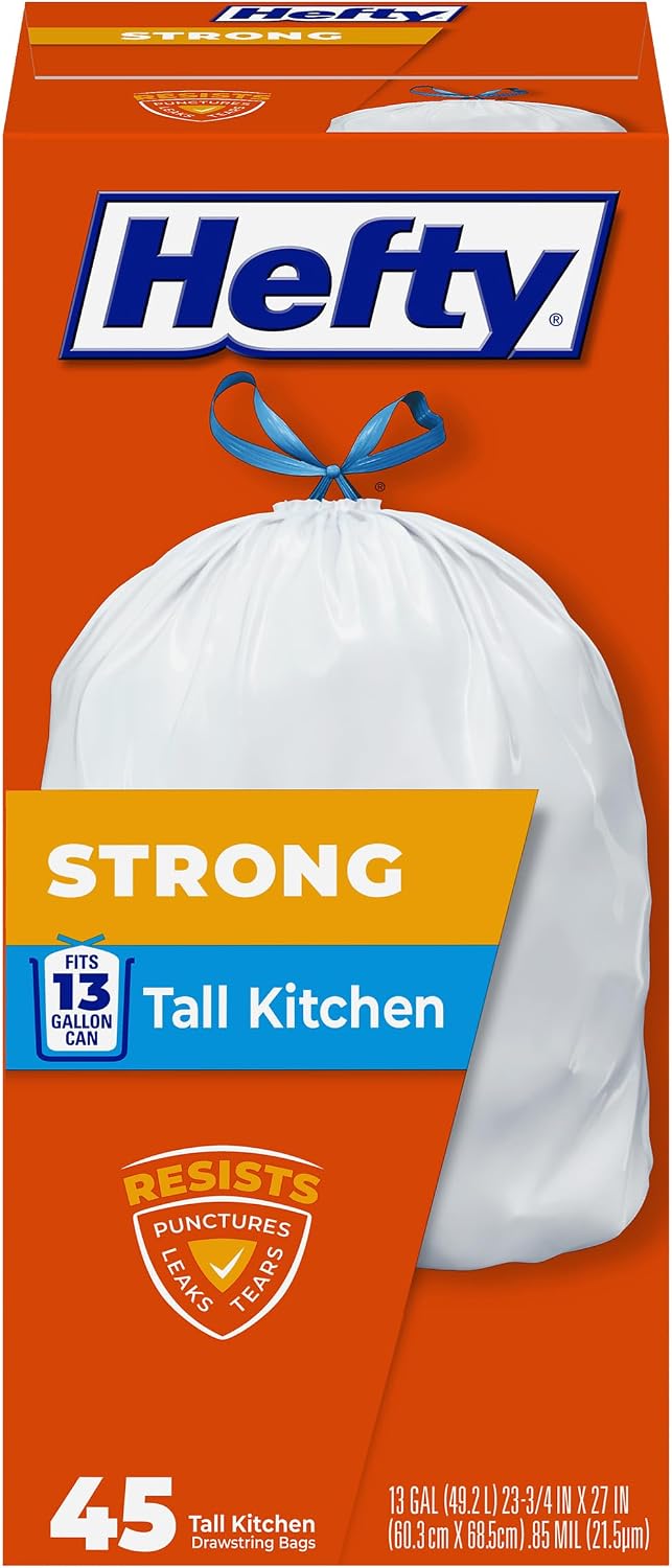 Hefty Strong 13G Tall Kitchen Trash Bags, White, Unscented, 90ct