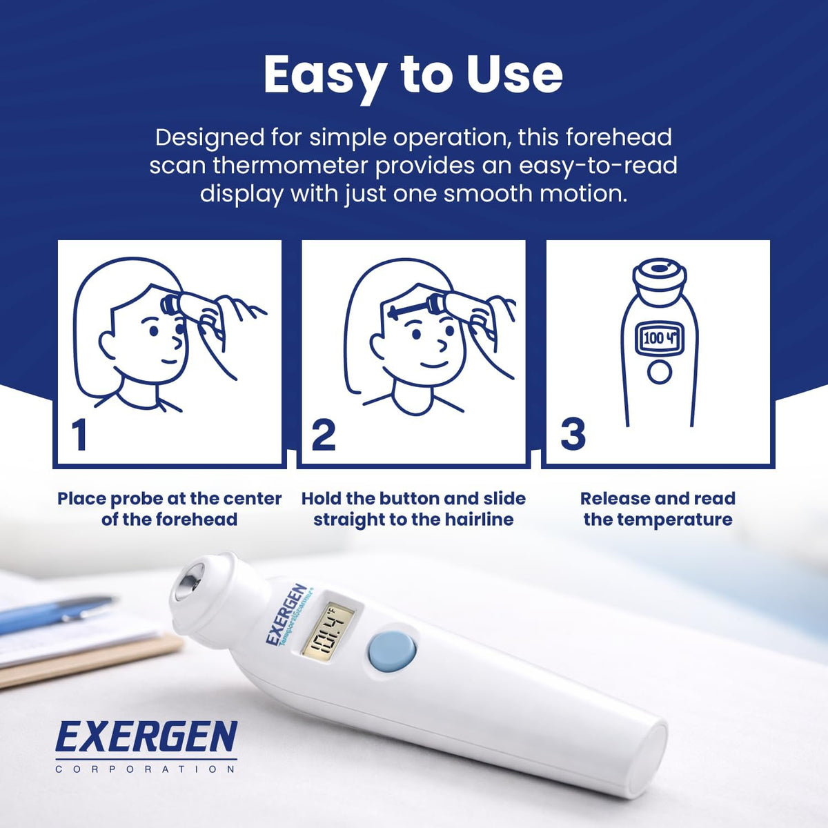 Exergen TAT-2000C+ Temporal Artery Thermometer, White, 9V Included