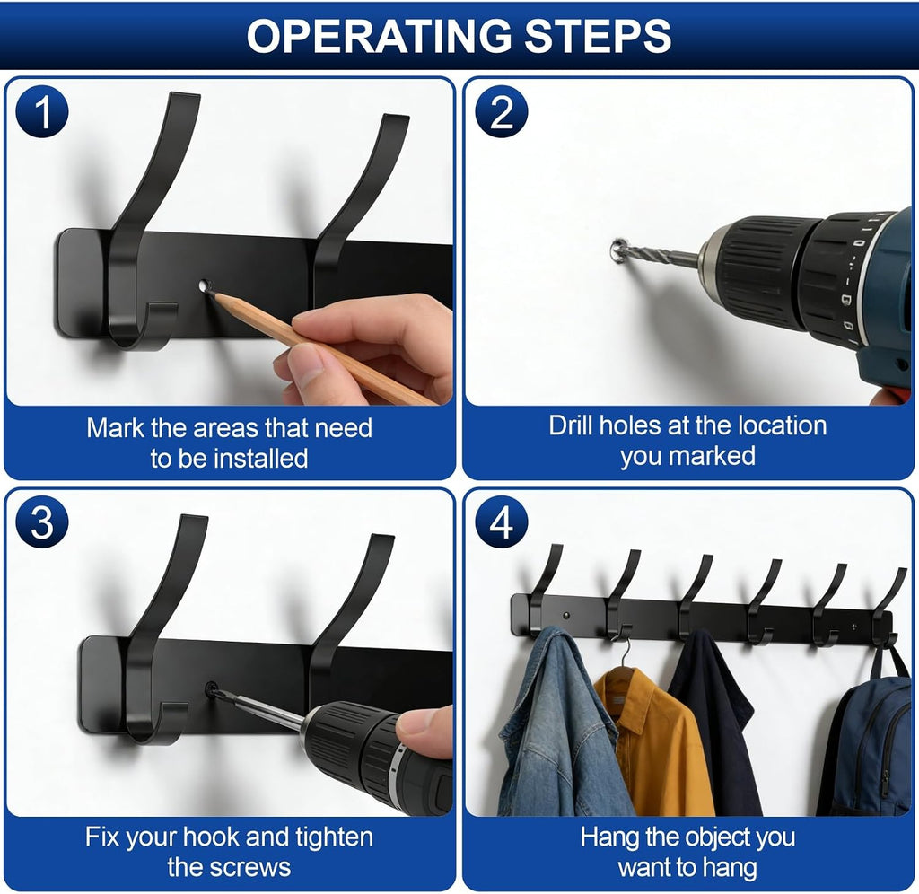 Wall Mounted Coat Rack, 6 Hooks for Hanging Clothes, Black, 2-Pack
