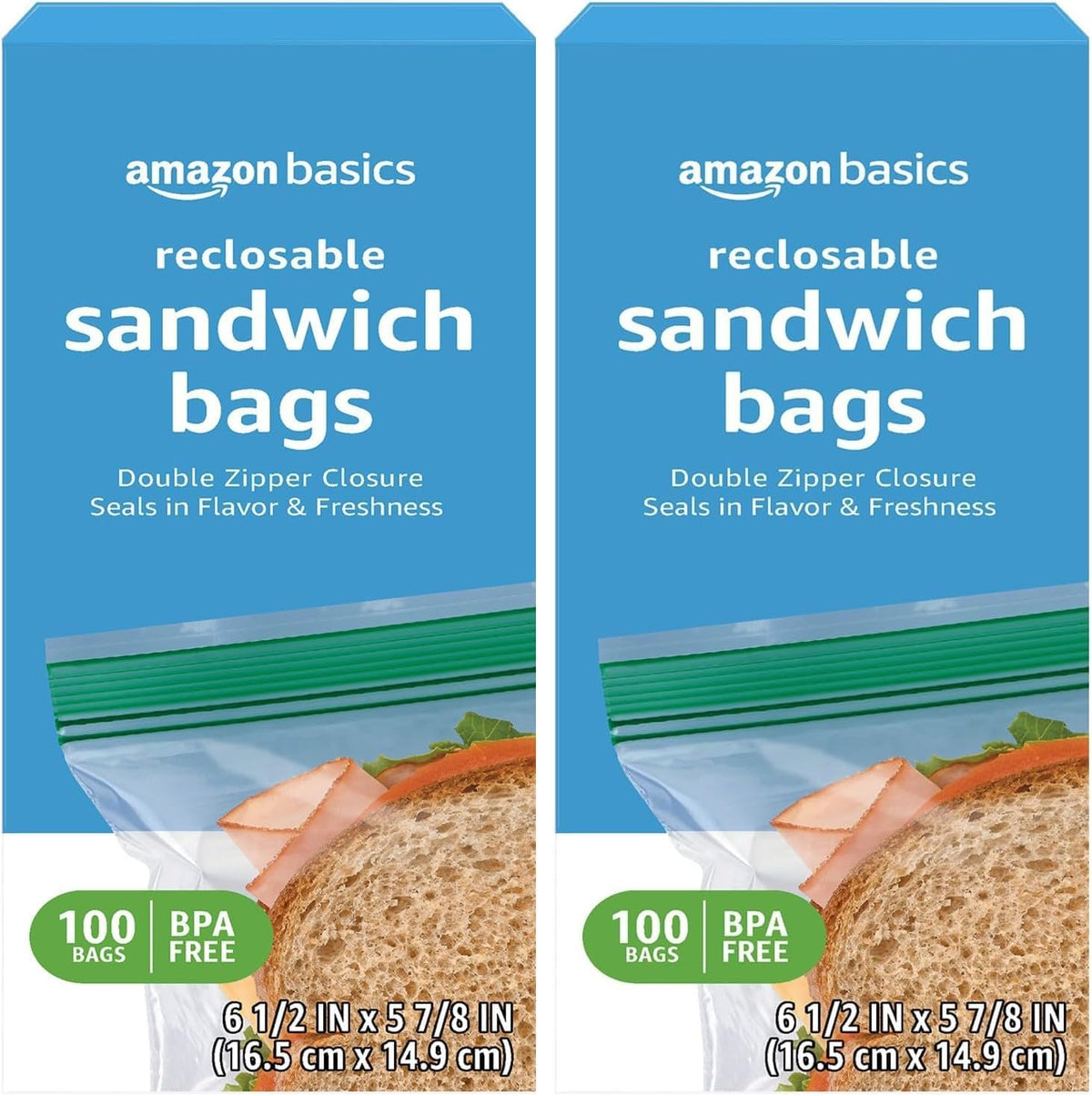 Amazon Basics Reclosable Double Zipper Sandwich Storage Bags for Food Storage, BPA Free, 100 Count