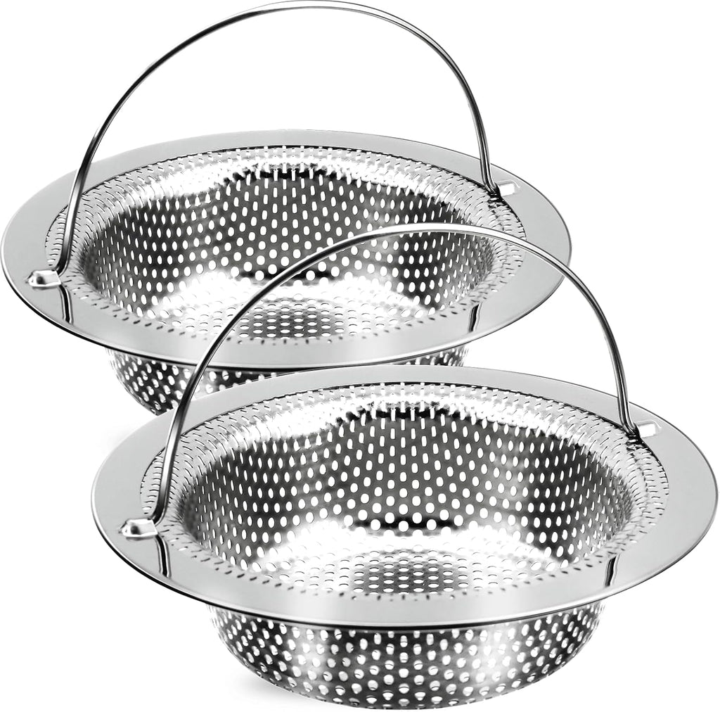 2 Pack Kitchen Sink Drain Strainer with Handle, Stainless Steel Large Kitchen Sink Drain Basket Food Catcher, Outer Diameter 4.5 Inch, Rust Free