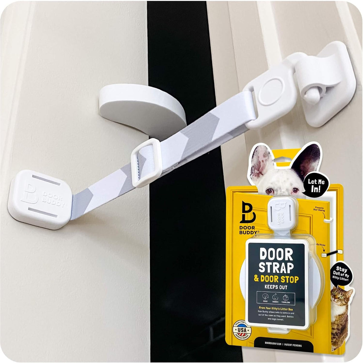 Door Buddy Cat Door Latch & Stopper. Adjustable Dog Proof Door Strap for Cats. Dog Proof Litter Box & Cat Feeder. Simpler Pet Gate Alternative. No Cut Cat Door Interior Door.