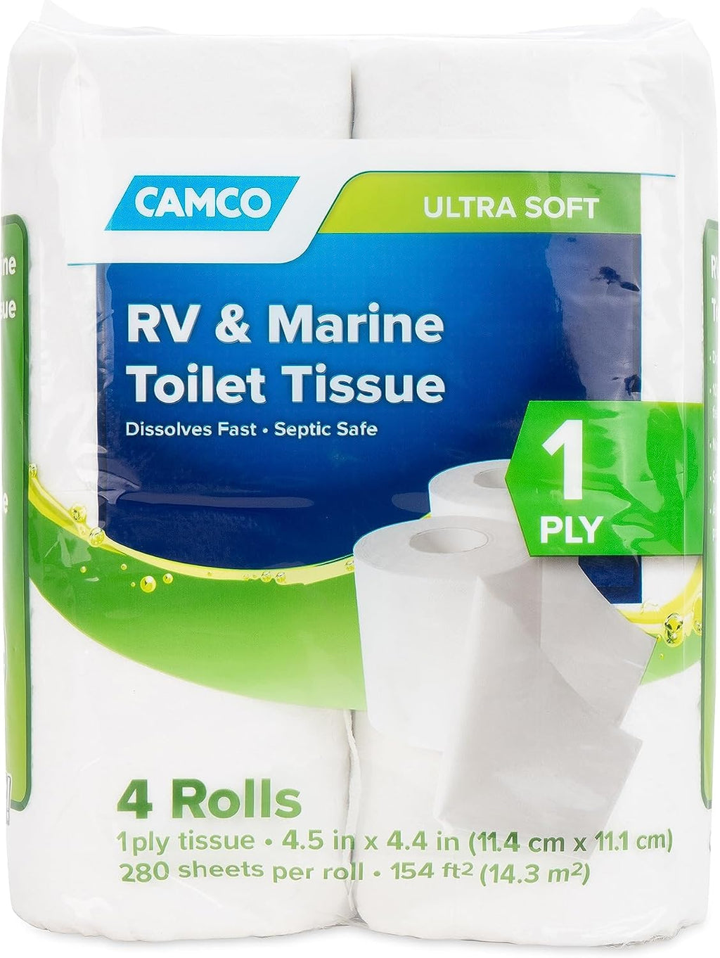 Camco 1-Ply RV Toilet Paper - 4 Rolls - Quick Dissolve & Septic Safe