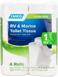 Camco 1-Ply RV Toilet Paper - 4 Rolls - Quick Dissolve & Septic Safe