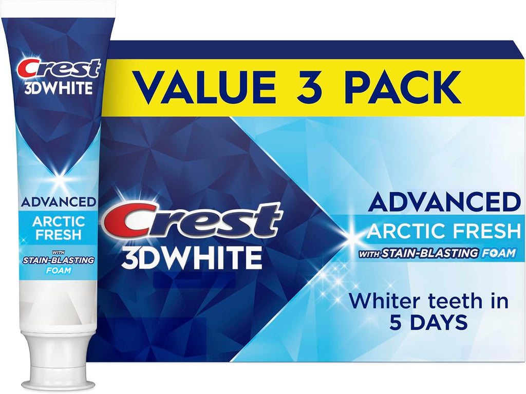 Crest 3D White Advanced Teeth Whitening Toothpaste, Arctic Fresh, 3.3 oz, Pack of 3 (Packaging May Vary)