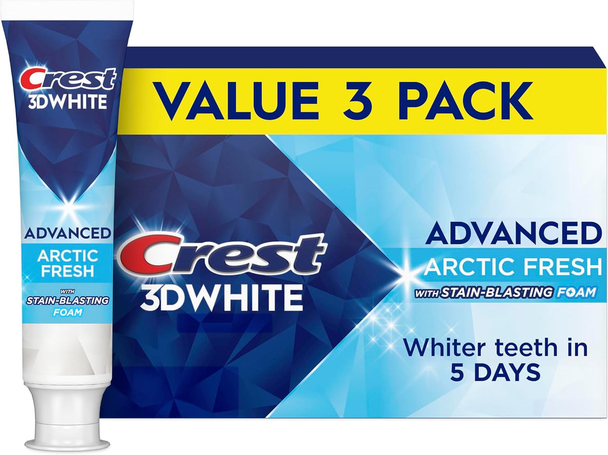 Crest 3D White Advanced Teeth Whitening Toothpaste, Arctic Fresh, 3.3 oz, Pack of 3 (Packaging May Vary)