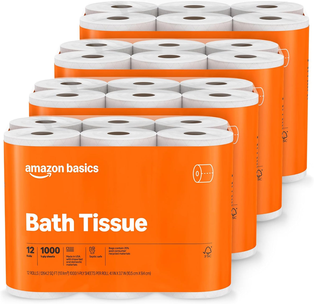 Amazon Basics 1000 Sheet 1-Ply Bath Tissue, 8 Rolls, Septic Safe