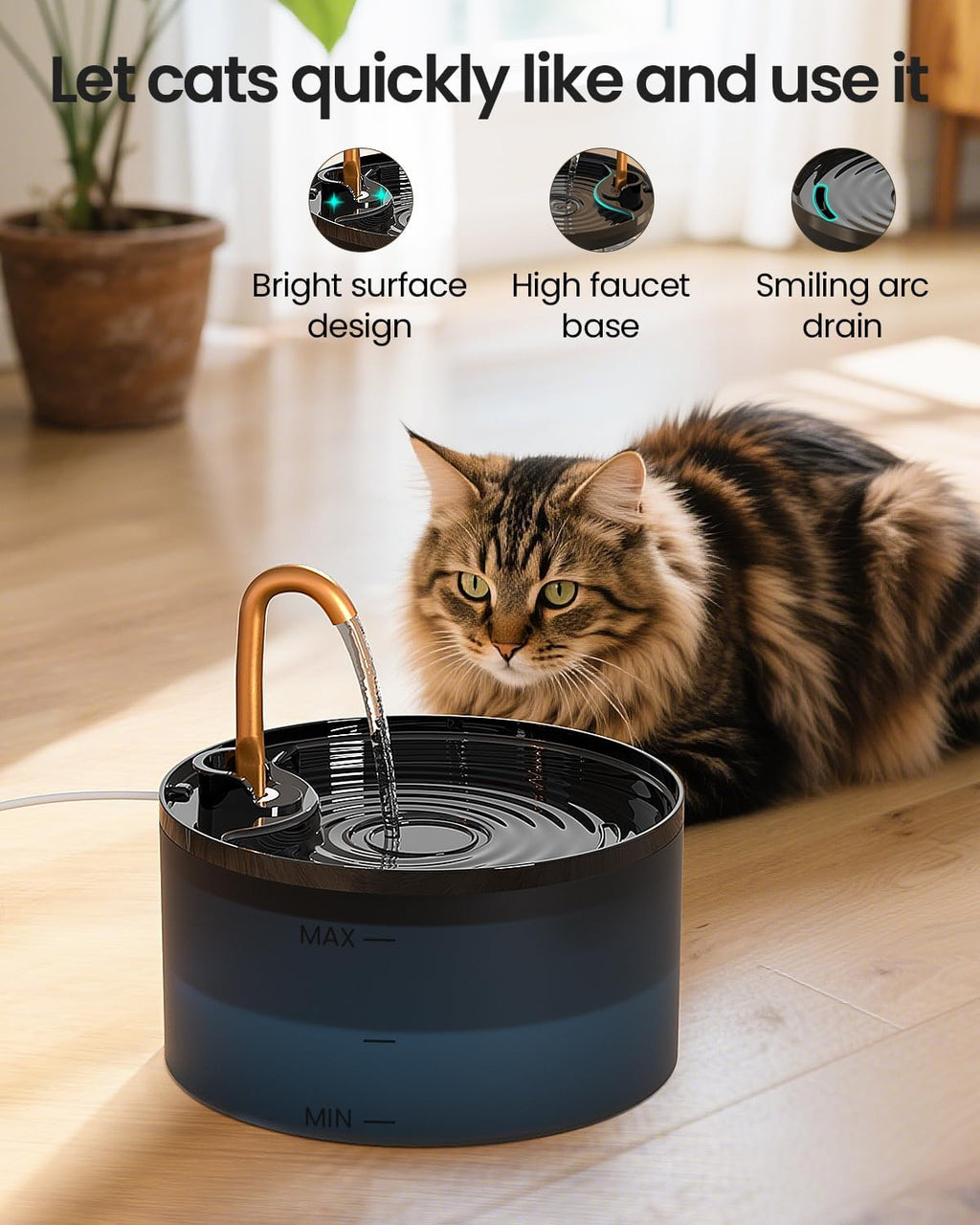 MISFANS Cat Water Fountain with 3-Pack Replaceable Filters,Copper Faucet