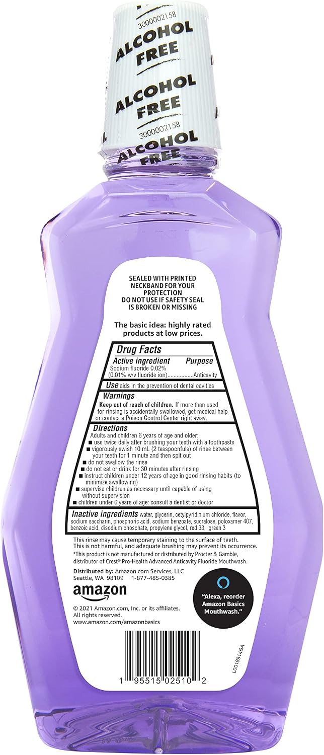 Amazon Basics Anticavity Fluoride Mouthwash, Alcohol Free, Violet Mint, 1 Liter, 33.8 Fluid Ounces, 1-Pack, Packaging May Vary