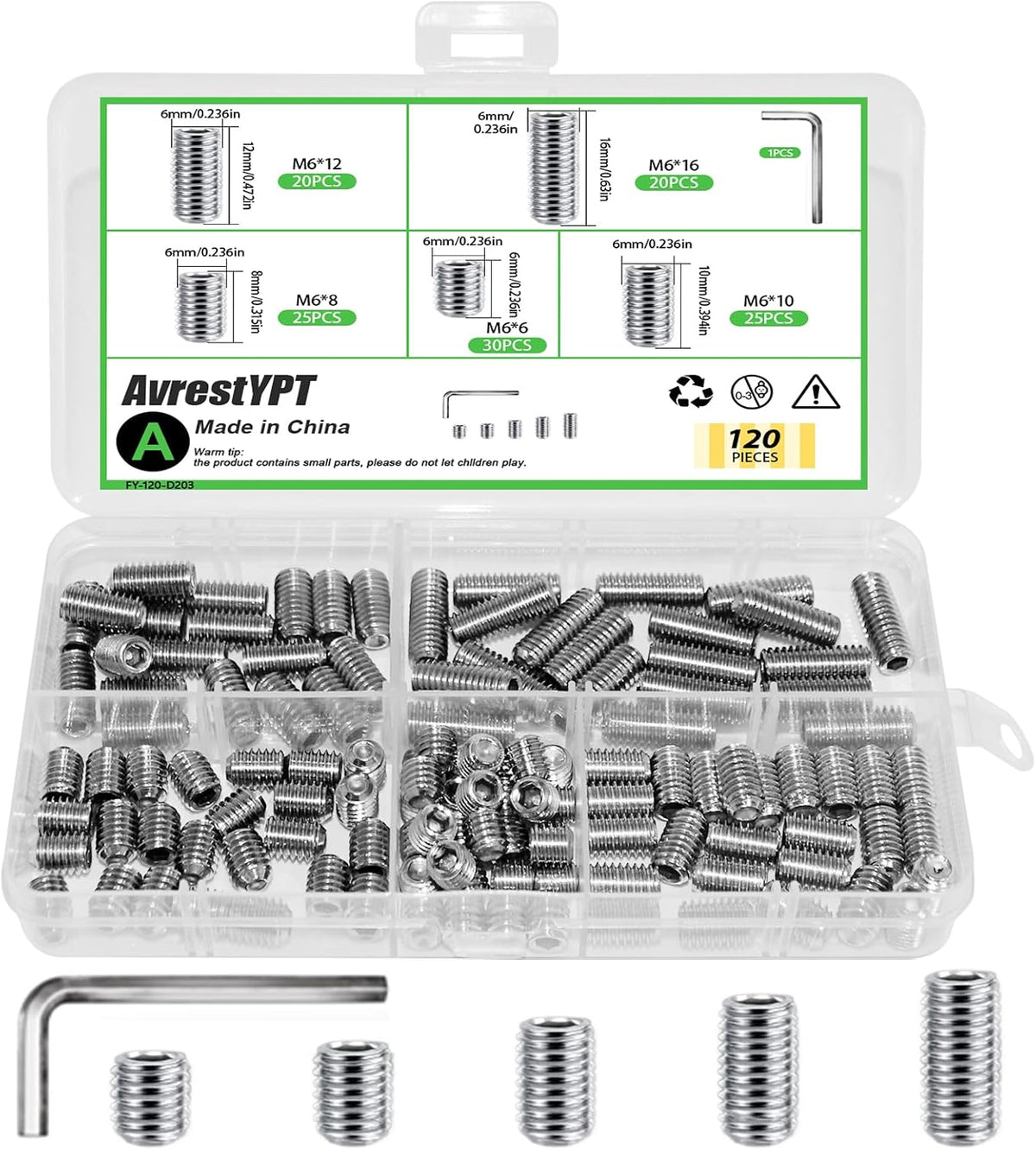 300 Pcs Set Screws, M3 M4 M5 M6 M8 Screws Assortment Kit,Allen Head Screws