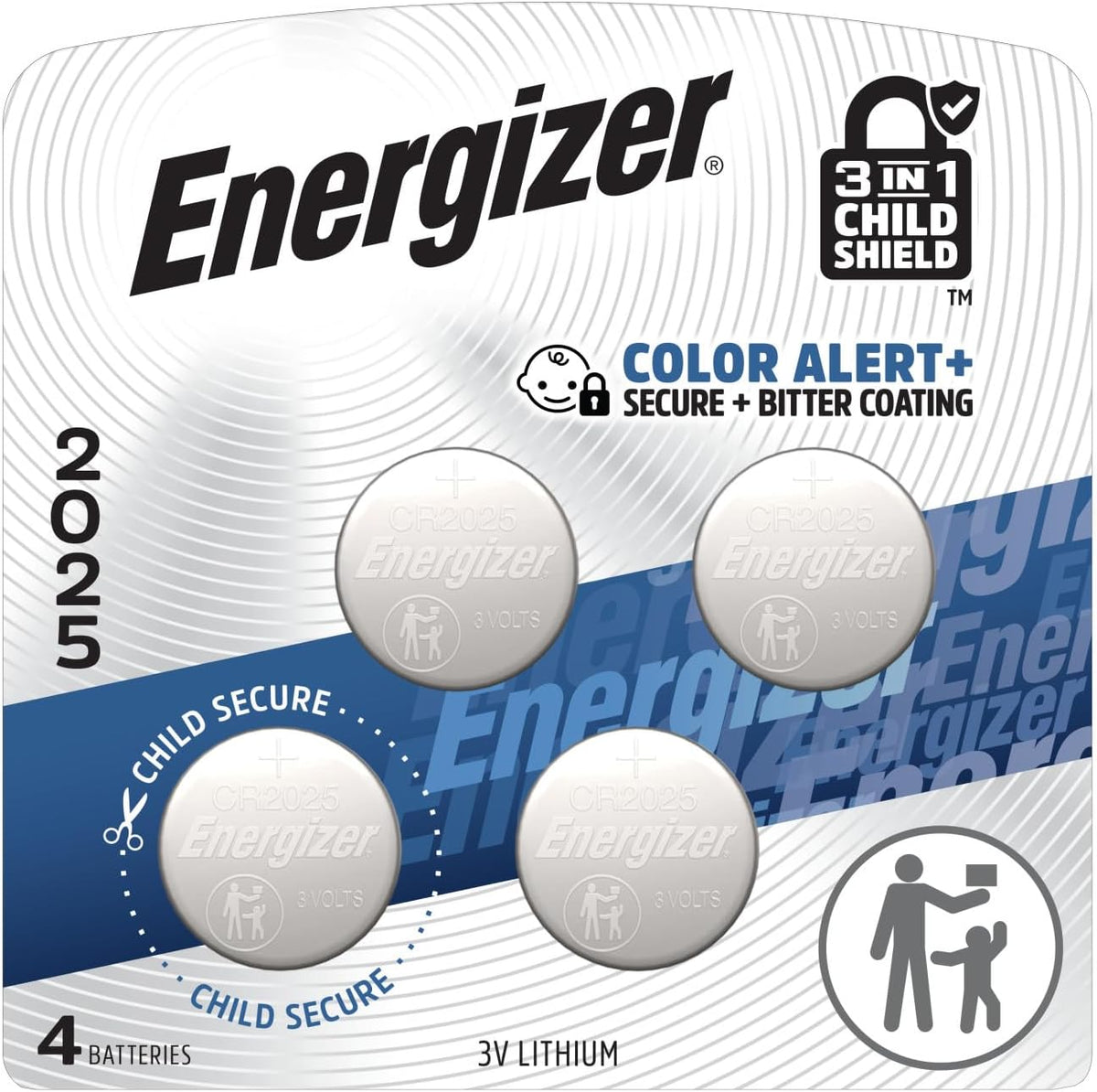 Energizer 2025 Batteries (4 Pack), 3V Lithium Coin Batteries With 3-in-1 Child Shield