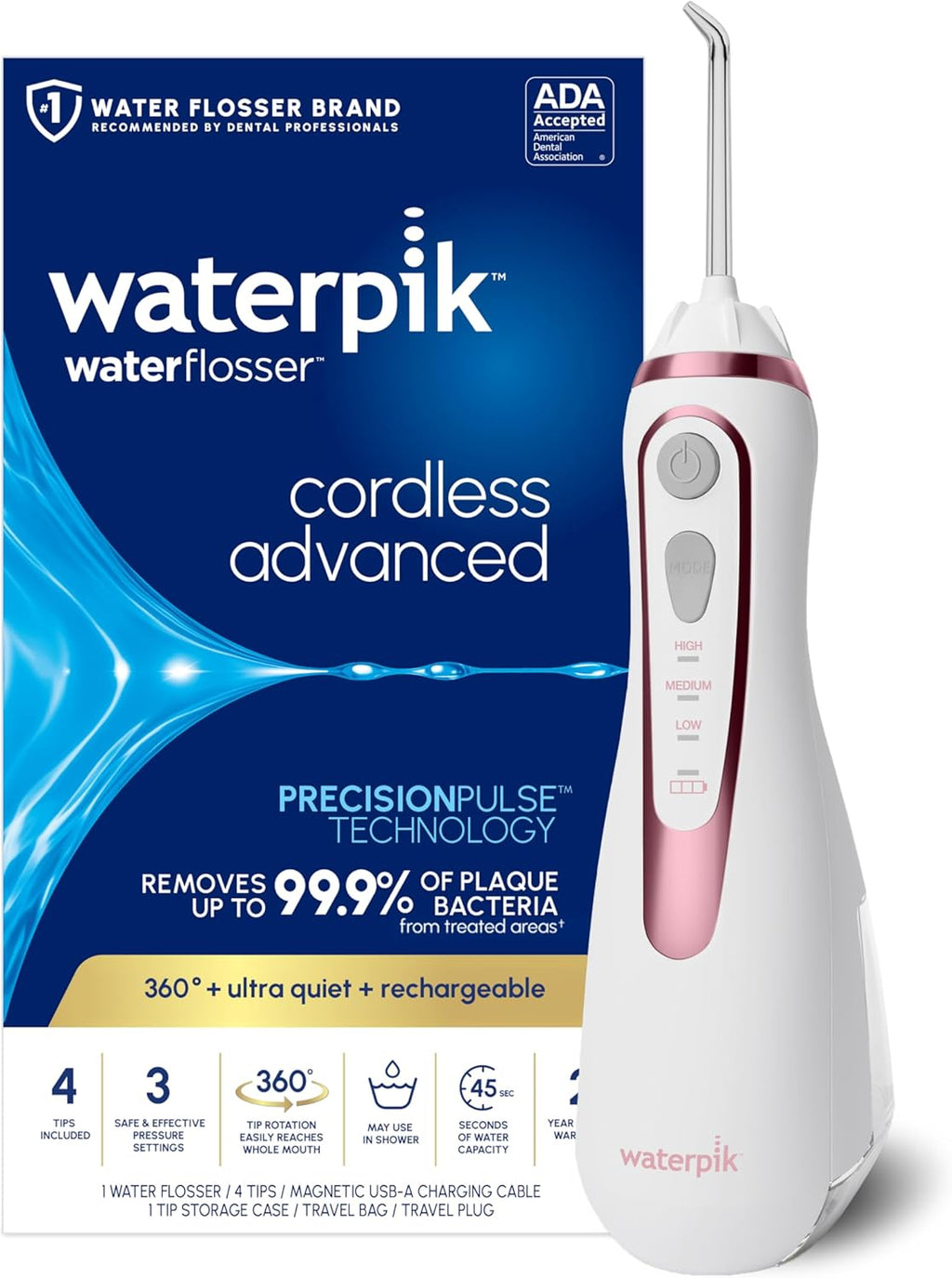Waterpik Cordless Advanced Portable Water Flosser, Rechargeable, White
