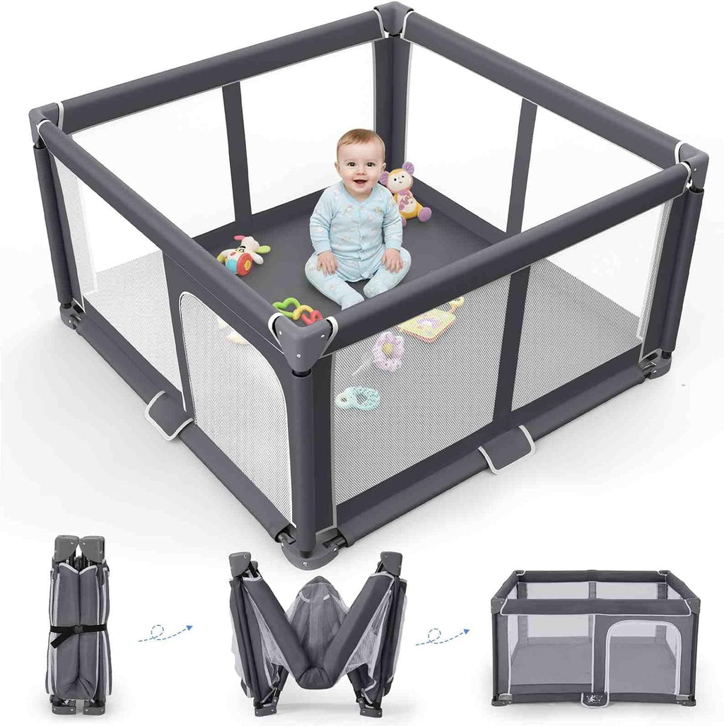 Foldable Baby Playpen Portable Travel Play Yard, Dark Gray