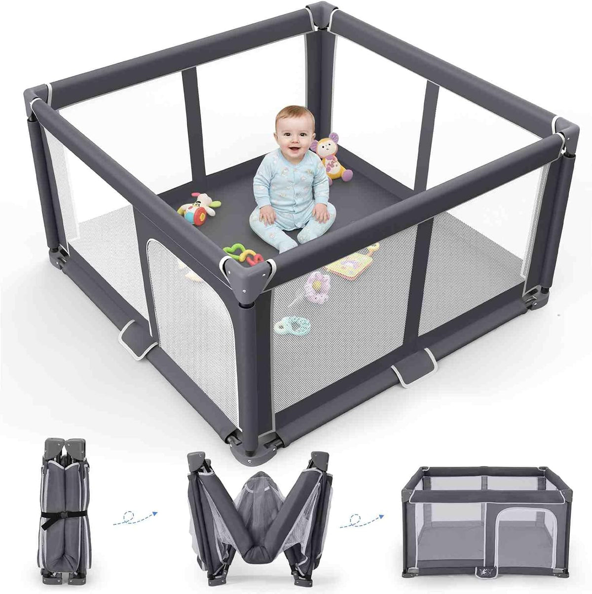 Foldable Baby Playpen Portable Travel Play Yard, Dark Gray