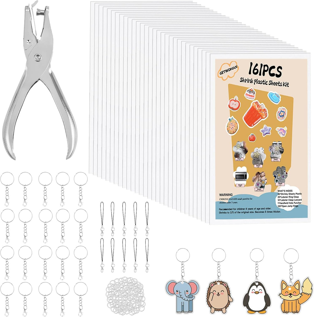 161 Pcs Shrink Paper Keychain Kit,30 Shrink Plastic Sheets for Kids
