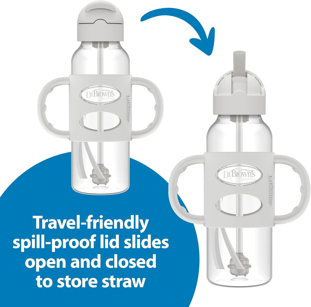 Dr. Brown's Narrow Sippy Straw Bottle with Handles, Gray & Blue, 2-Pack