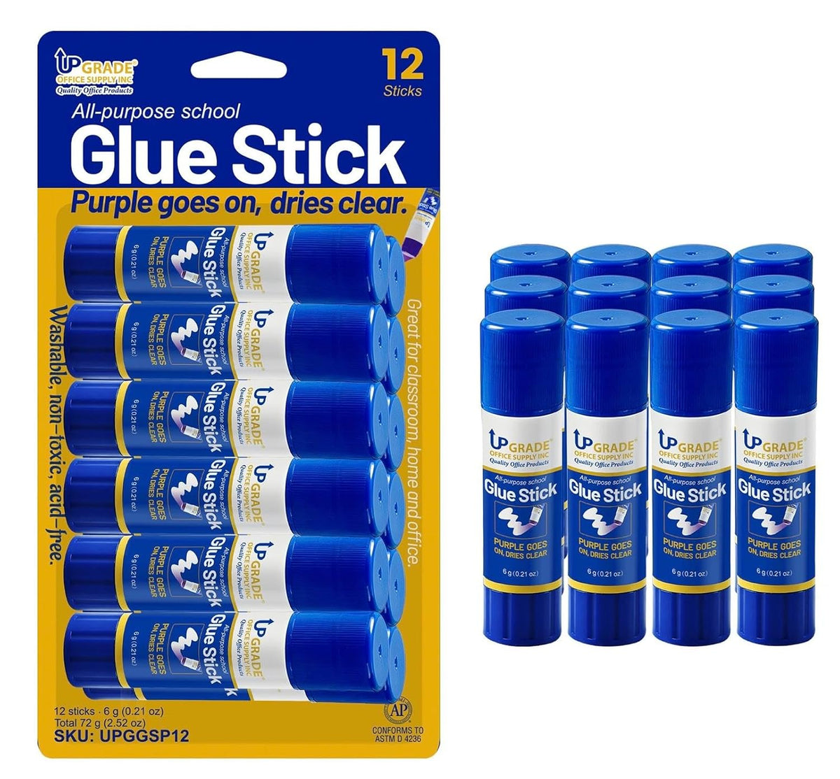 Upgrade Office Supply Glue Sticks, 6g, 12 Count, Purple Goes On Dries Clear
