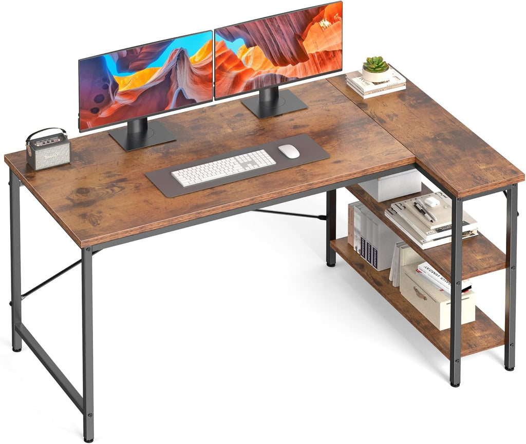 DUMOS 47" L Shaped Computer Desk, Corner Desks with Storage Shelves, Brown