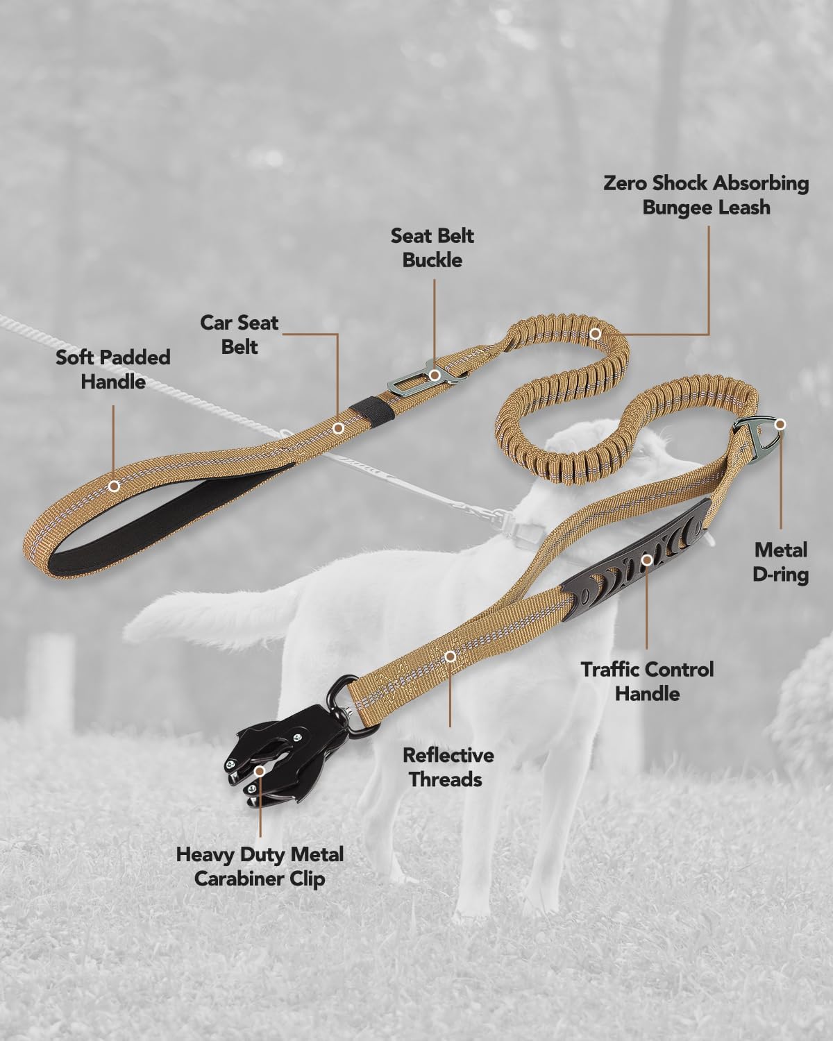 Joytale Tactical Bungee Dog Leash, Shock Absorbing No Pull, Coyote Brown