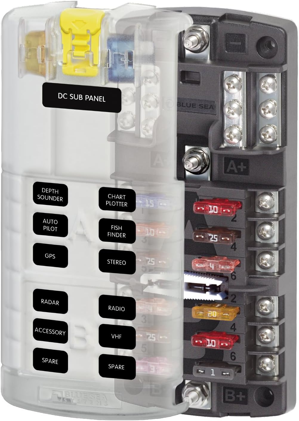 Blue Sea Systems ST Blade Fuse Block 12 Circuit with Ground and Cover, 100 Amps, 5026